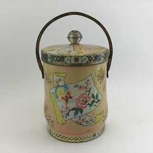 Floral Biscuit Tin With Handle Asian Style Tin Flowers and Butterflies Vintage